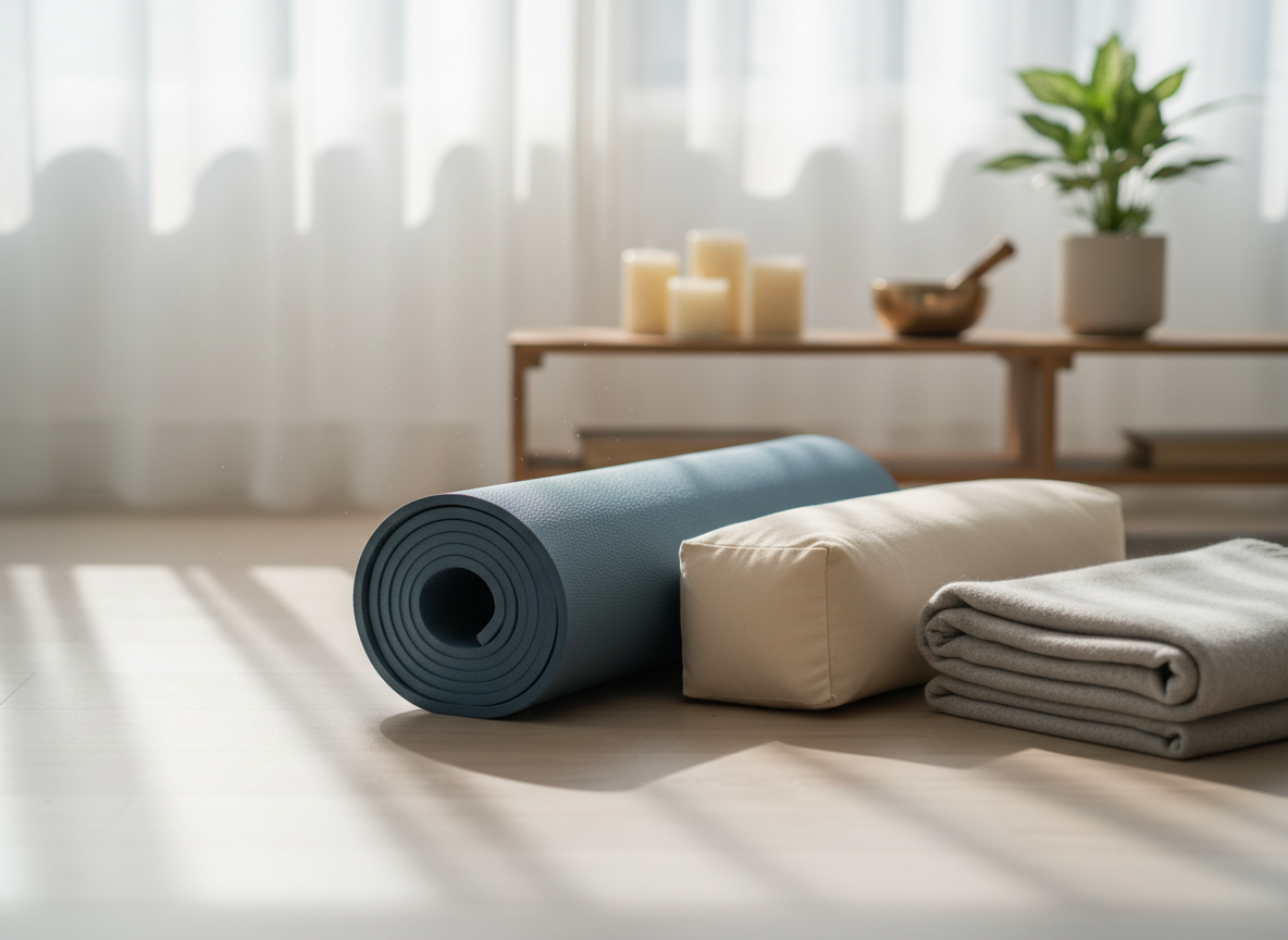 A neatly rolled slate-blue yoga mat made of textured natural rubber rests on a smooth, pale wooden floor in a quiet studio corner. Beside it lies a simple cotton bolster and a light grey wool blanket folded with care. In the background, a low wooden shelf holds unlit candles, a small brass singing bowl, and a single green plant, all softly out of focus. Gentle morning daylight filters through sheer white curtains, creating a calm, diffused glow and subtle shadows. Photographic realism, eye-level composition with shallow depth of field, conveying safety, attentive listening, and support in a serene, professional environment.