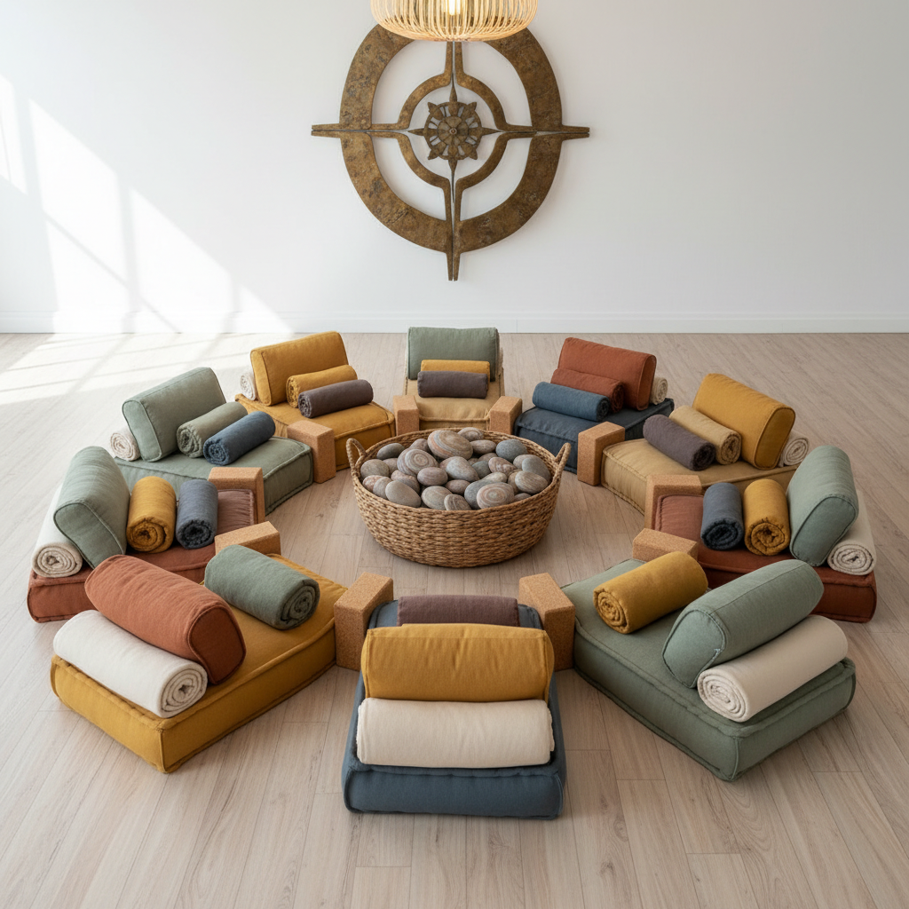 An inviting circle of yoga props arranged on a wooden floor: several different-colored but muted cotton cushions, cork yoga blocks, and neatly folded blankets forming an open ring around a central woven basket filled with smooth river stones. Each stone has a faint, natural pattern suggesting uniqueness without visible text. The background shows a minimal, uncluttered studio wall with a small statue-inspired abstract shape referencing Indian culture in a respectful, non-figurative way. Soft, warm overhead lighting blends with natural window light, creating a gentle, secure atmosphere. Photographic realism, shot from a slightly elevated angle, balanced composition, emphasizing community, non-judgment, and resilience without showing any people.